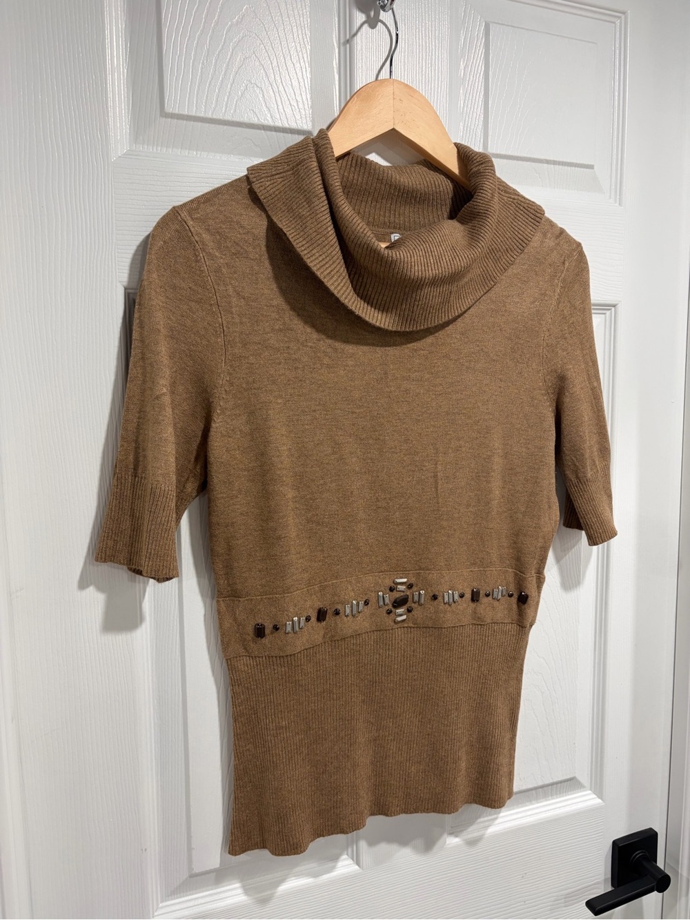 Deane & White Petite Women's Brown Short-Sleeve Cowl Neck Sweater - Picture 2 of 7